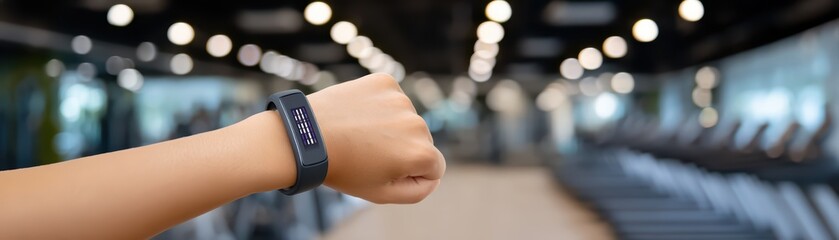 Fitness Tracker on Wrist in Modern Gym with Blurred Background