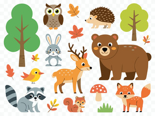 Naklejka premium playful autumn forest animals clipart vector with trees leaves mushrooms and cute wildlife for creative projects
