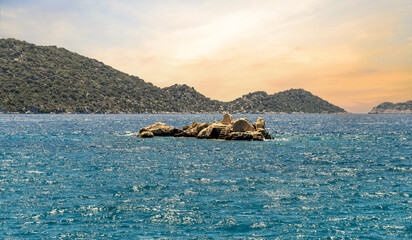 Sunken City (Dolichiste) Kekova Island (Kaleköy, Üçağız). This ancient Lycian city was partially submerged in the sea following a major earthquake in the 2nd century AD. Kaş - Antalya