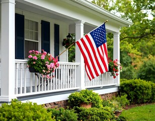 American flag on a porch.  Tranquil house exterior
