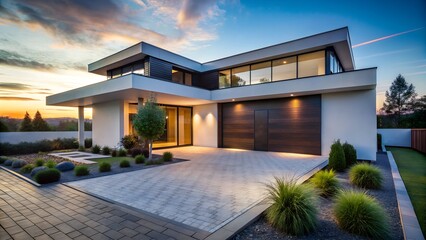 Obraz premium Modern House Exterior at Sunset with Landscaping