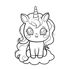 Cute smiling Unicorn sitting on a cloud outline illustration. Vector illustration for coloring book line art