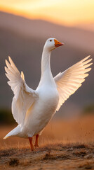 Majestic goose with outstretched wings at sunset in tranquil nature scene