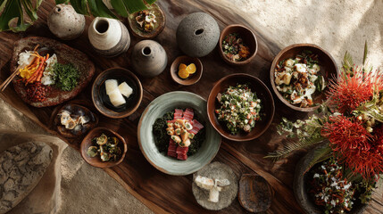 capture vibrant essence of hawaiian culture through colorful spread of traditional dishes