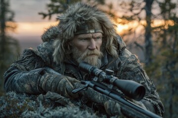 Russian hunter journey: taiga wilderness, silent pursuit, primal instinct, forest silence, rugged terrain, animal track, icy breath, lone figure, rifle grip, deep snow, survival focus, distant howl