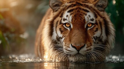 Tiger emerging from water, intense gaze