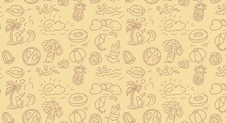 Beach summer pattern. Sea seamless bg. Crayon element background with palm, sun, watermelon, straw hat, flower, shell, rainbow. Kid boho abstract travel seamless pattern. Crayon child summer sea beach