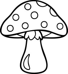 Mushroom with spotted cap and thick stem line art drawing, simple nature illustration with organic shape and smooth curves