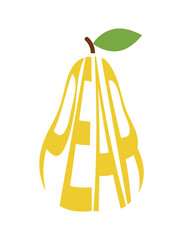 Inscription pear in shape of pear. Natural organic fruit. Harvest, agriculture and farming symbol. Isolated vector image