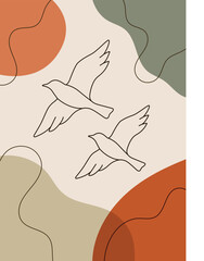 Organic abstract art of birds in outline and black lines. Minimalist, modern illustration. Background with orange, beige, and green colors