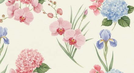 Japanese Traditional Watercolor Pattern with Elegant Floral Motifs and Seamless Design for Vintage Oriental Backgrounds
