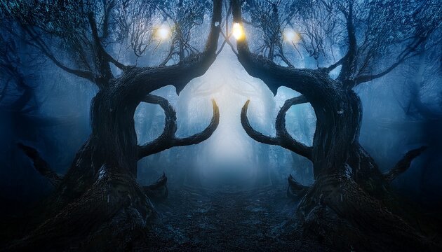 a dark misty forest scene with twisted trees glowing eyes and mysterious shadows