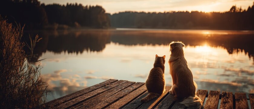 Peaceful Summer Evening with Cat and Dog on Dock by Water