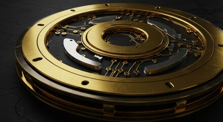 Luxury tech logo with metallic gold and chrome textures, embossed effects on dark background, modern style branding for technology startups — close-up 3D illustration
