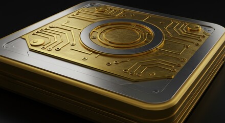 Luxury tech logo with metallic gold and chrome textures, embossed effects on dark background, modern style branding for technology startups — close-up 3D illustration
