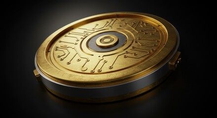 Luxury tech logo with metallic gold and chrome textures, embossed effects on dark background, modern style branding for technology startups — close-up 3D illustration
