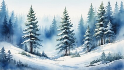 Fototapeta premium Winter landscape with snow-covered pine trees in soft blue tones 