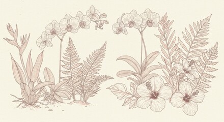 "Hand-drawn botanical illustration of tropical plants and flowers, soft textured lines and pastel palette, vintage nature sketchbook style, trending in wellness and eco design"
