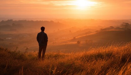 A lonely man is relaxing at beautiful green natural grass field over hill with mountain range at background.