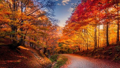 vibrant autumn landscape with colorful foliage under blue sky
