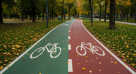 A vibrant two-lane bicycle path, split into green and red sections, winding through an autumn park adorned with fallen leaves, symbolizing urban mobility.
