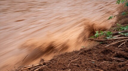 Fast Moving River Water with Brown Turbulence Near Riverbank Edge