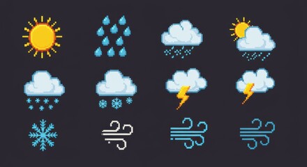 "Colorful pixel art vector icon set of weather elements — sun, rain, clouds, snow, thunder, wind — 8-bit retro style, isolated and grid-aligned for mobile app design"
