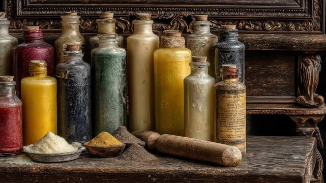 Vintage potion bottles and powders on a wooden surface display