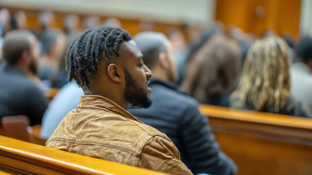 People attend a conference or seminar sitting in a meeting room.