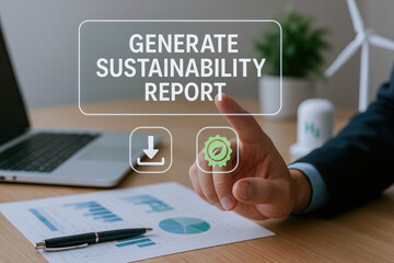Generate sustainability report concept with green hydrogen and industrial focus for eco friendly business growth and environmental responsibility