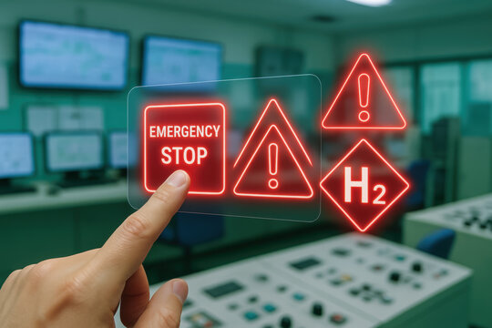 Emergency stop button with warning signs and hydrogen symbol in industrial control room for green energy safety and hazard prevention - Powered by Adobe