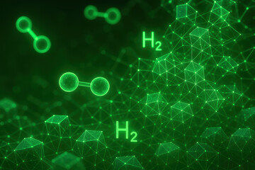 Fototapeta premium Green hydrogen concept with industrial molecular structure and futuristic technology background glowing in dark