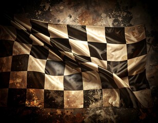 Checkered racing flag draped over a textured wall