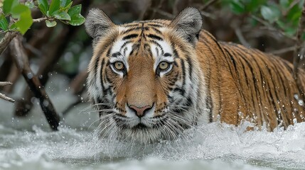 Obraz premium Tiger wading through water, intense gaze