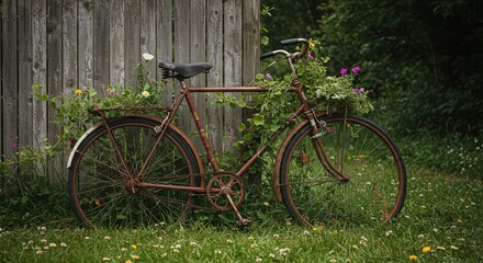 Vintage bicycle adorned with flowers against rustic wooden fence  