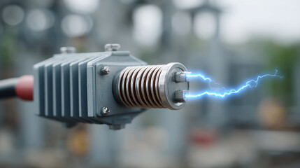 Industrial power transformer with electric surge and copy space on bottom right