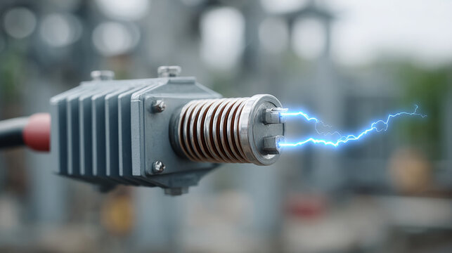 Industrial power transformer with electric surge and copy space on bottom right