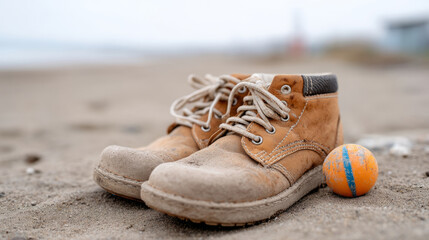 Naklejka premium Weathered shoes and toy ball on beach sand — childhood memories and nostalgia concept