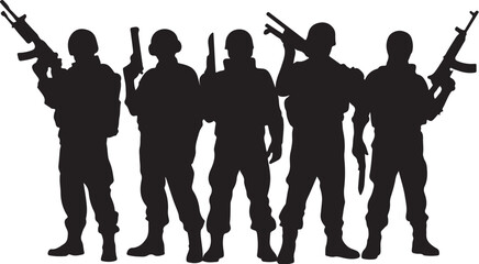 Silhouetted soldiers holding firearms military armed