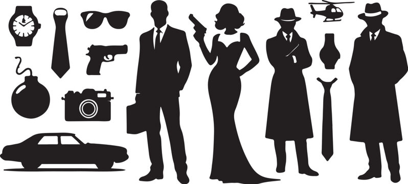 Spy agents and equipment silhouettes secret agent espionage