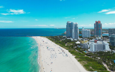 Aerial view of Miami Beach with turquoise waters. Drone shot of Miami skyline. Top view of South...
