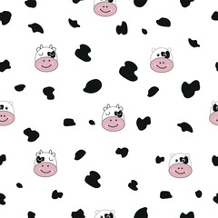 Cute cow Moo face black white background seamless for textile design pattern