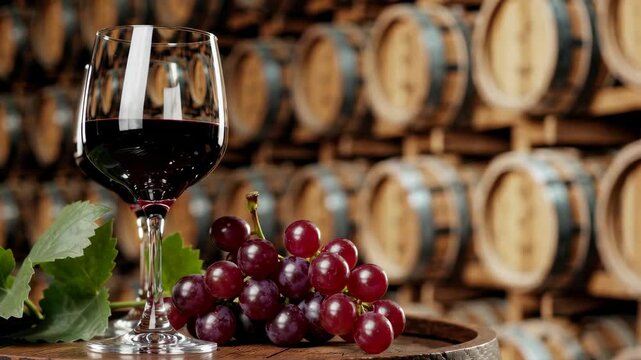 Red wine and grapes in rustic cellar ambience highlighting heritage and craftsmanship