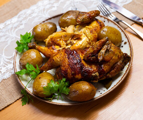 Grilled chicken pieces and some potatoes served in a plate with other table appointments
