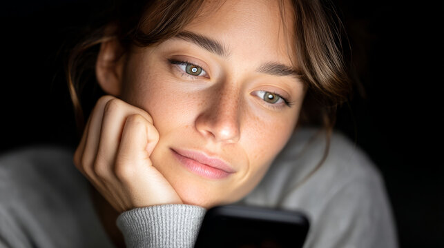 Overstimulated expression of woman staring intently at glowing smartphone screen