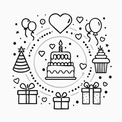 Cheerful birthday illustration with cake, gifts, balloons, and cupcakes, suitable for greeting cards, party invitations, and social media posts.