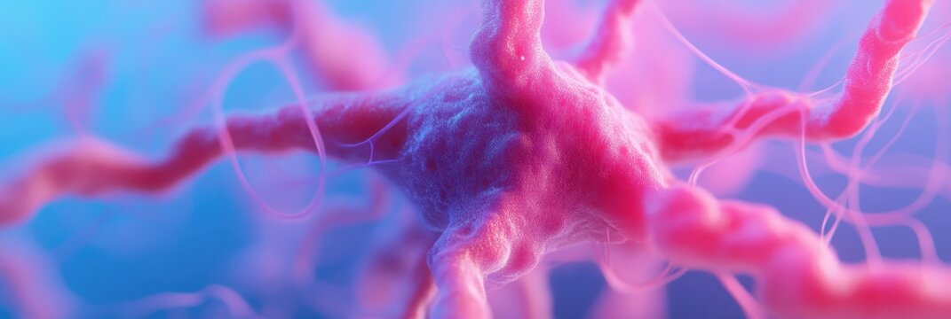 Chaotic digital network with glowing pink neural connections