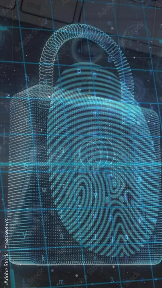 Poster animation of padlock and data processing over circuit board