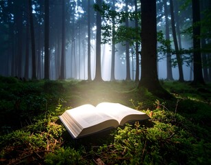 Open book bathed in light in a misty forest