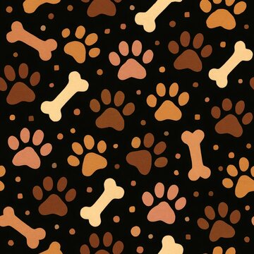 Seamless pattern of dog paw prints and bones in various shades of brown and beige on a black background